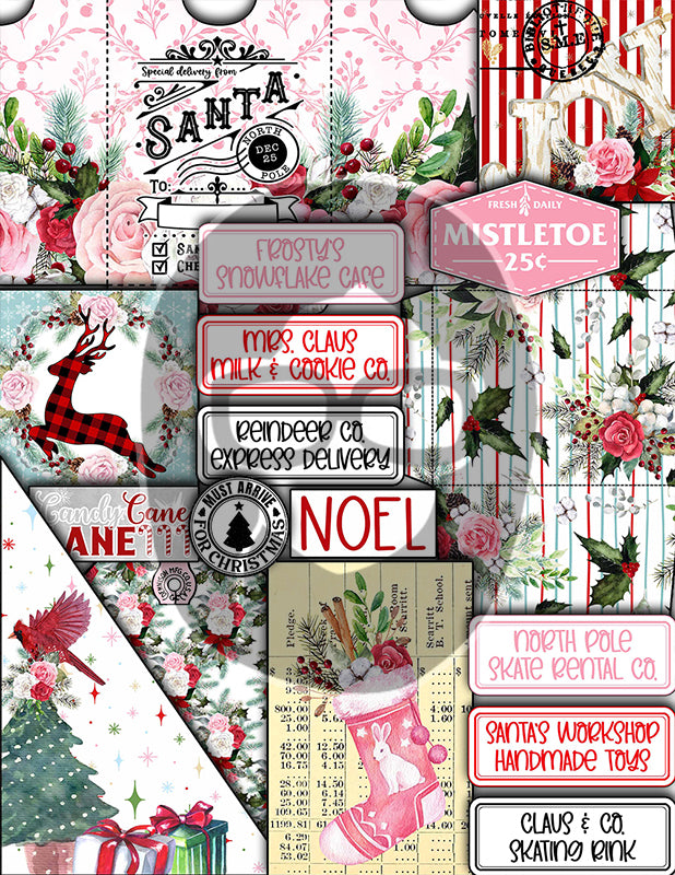 Christmas Junk Journal Kit, Pink Christmas Printable -41pg Digital Download- Journaling Pages, Word Labels, Holiday Notecards, Gift Tags