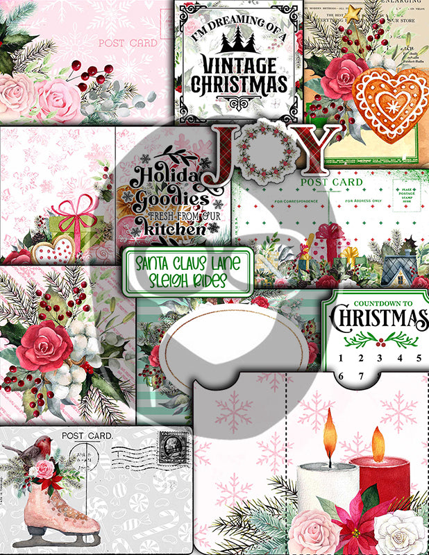 Christmas Junk Journal Kit, Pink Christmas Printable -41pg Digital Download- Journaling Pages, Word Labels, Holiday Notecards, Gift Tags