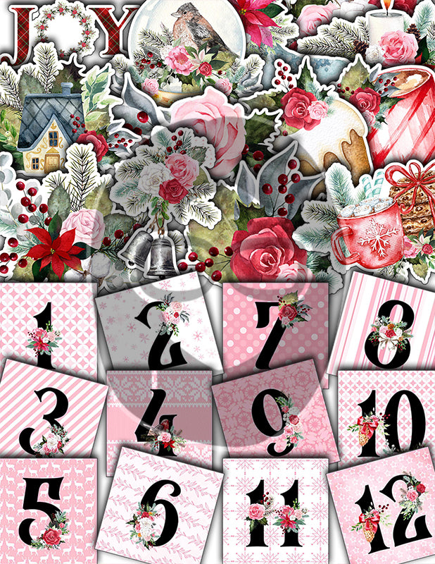 Christmas Junk Journal Kit, Pink Christmas Printable -41pg Digital Download- Journaling Pages, Word Labels, Holiday Notecards, Gift Tags