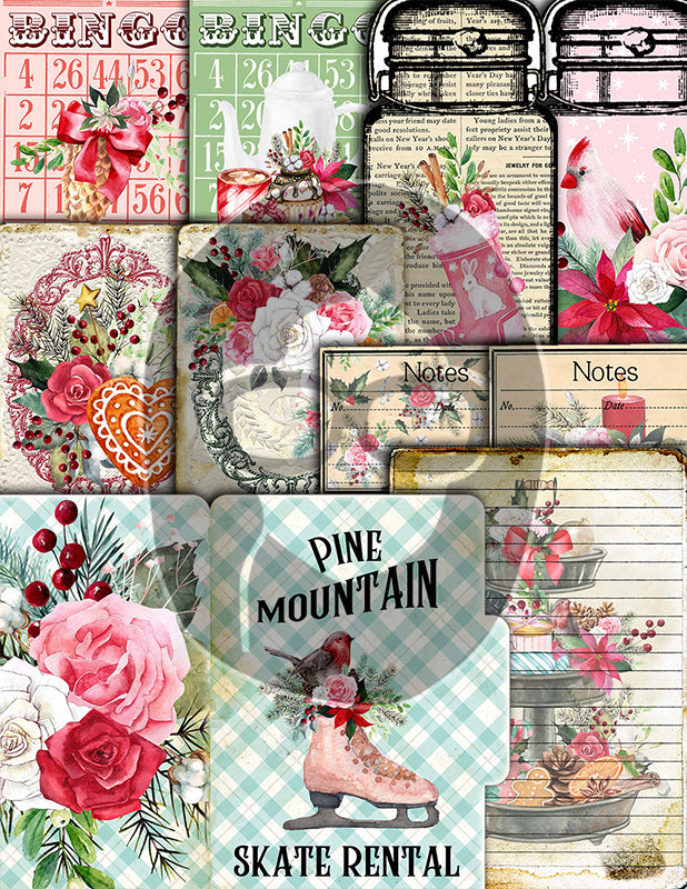 Christmas Junk Journal Kit, Pink Christmas Printable -41pg Digital Download- Journaling Pages, Word Labels, Holiday Notecards, Gift Tags