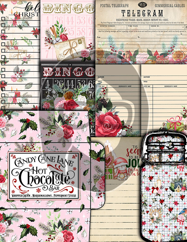 Christmas Junk Journal Kit, Pink Christmas Printable -41pg Digital Download- Journaling Pages, Word Labels, Holiday Notecards, Gift Tags