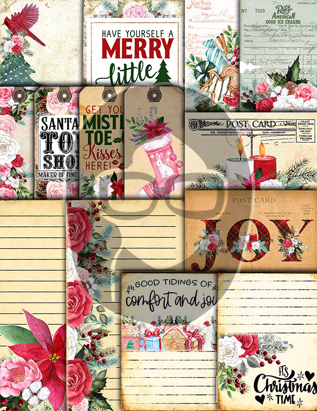 Christmas Junk Journal Kit, Pink Christmas Printable -41pg Digital Download- Journaling Pages, Word Labels, Holiday Notecards, Gift Tags