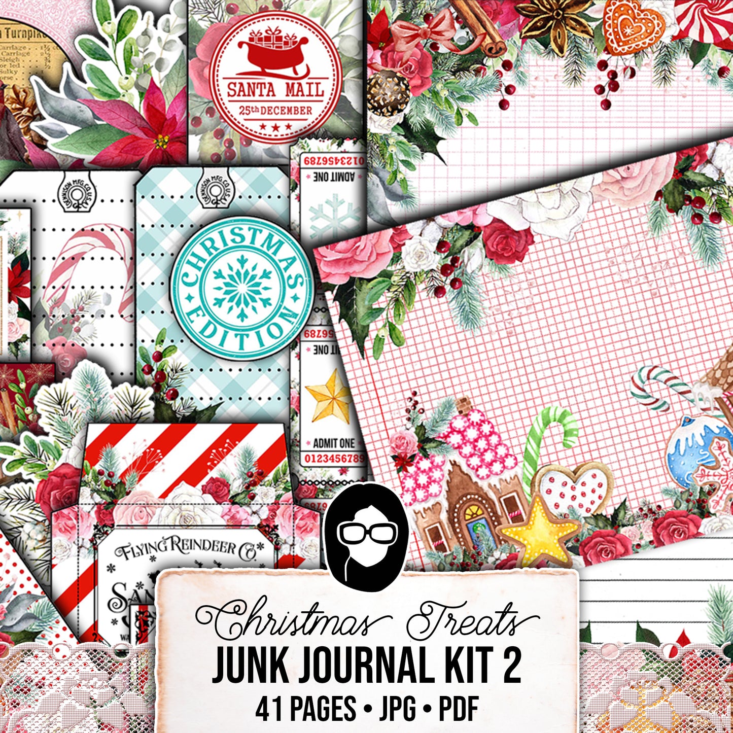 Christmas Junk Journal Kit, Pink Christmas Printable -41pg Digital Download- Journaling Pages, Word Labels, Holiday Notecards, Gift Tags