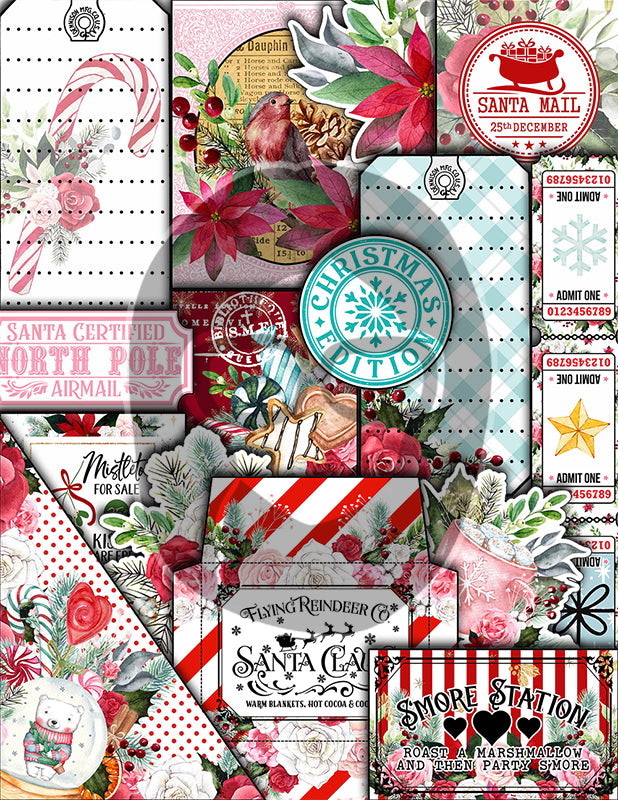 Christmas Junk Journal Kit, Pink Christmas Printable -41pg Digital Download- Journaling Pages, Word Labels, Holiday Notecards, Gift Tags