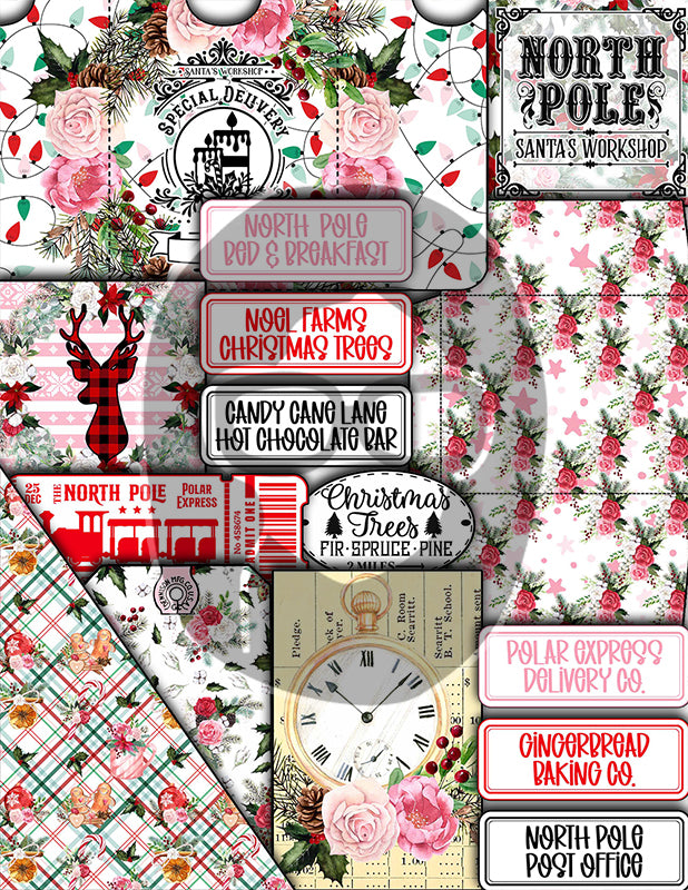 Christmas Junk Journal Kit, Pink Christmas Printable -41pg Digital Download- Journaling Pages, Word Labels, Holiday Notecards, Gift Tags