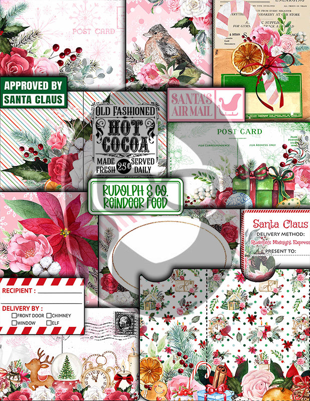 Christmas Junk Journal Kit, Pink Christmas Printable -41pg Digital Download- Journaling Pages, Word Labels, Holiday Notecards, Gift Tags