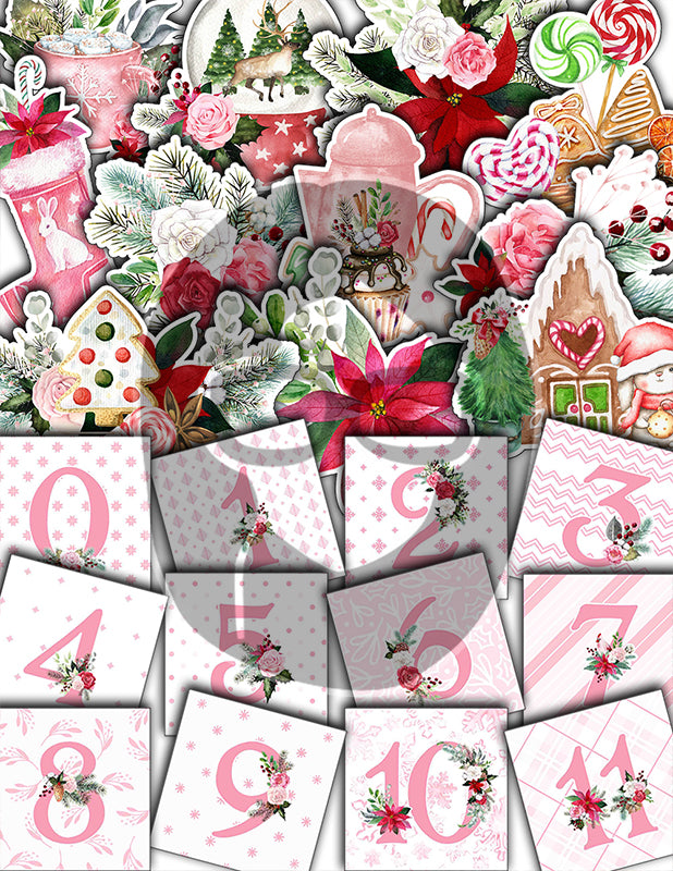 Christmas Junk Journal Kit, Pink Christmas Printable -41pg Digital Download- Journaling Pages, Word Labels, Holiday Notecards, Gift Tags