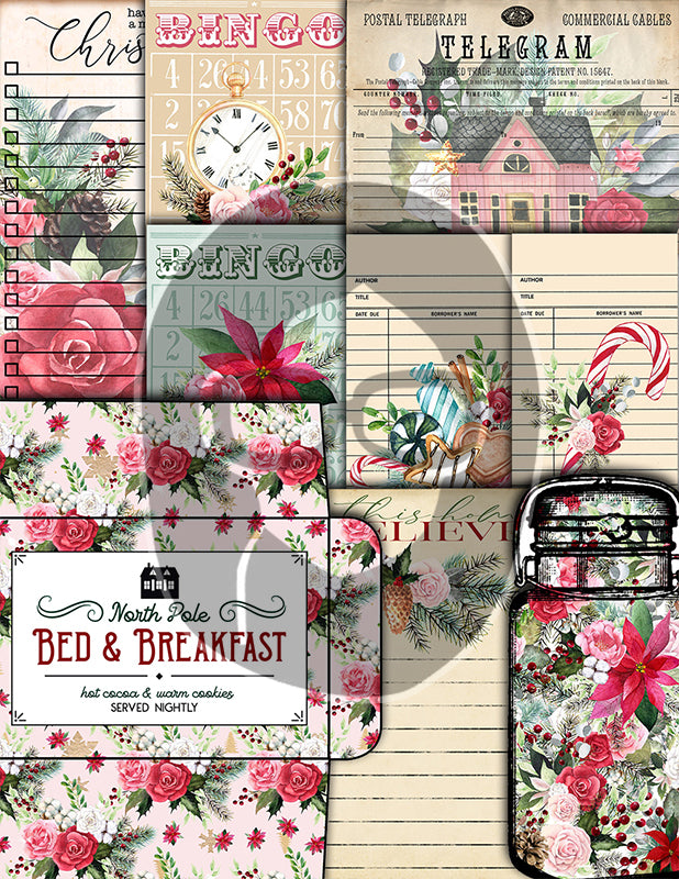 Christmas Junk Journal Kit, Pink Christmas Printable -41pg Digital Download- Journaling Pages, Word Labels, Holiday Notecards, Gift Tags