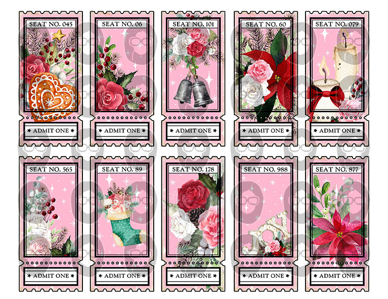 Printable Ticket Ephemera, Pink Christmas -8pg Digital Download- Fussy Cut Christmas Ephemera, Junk Journal DIY Kit, Ticket Bookmark, Cards