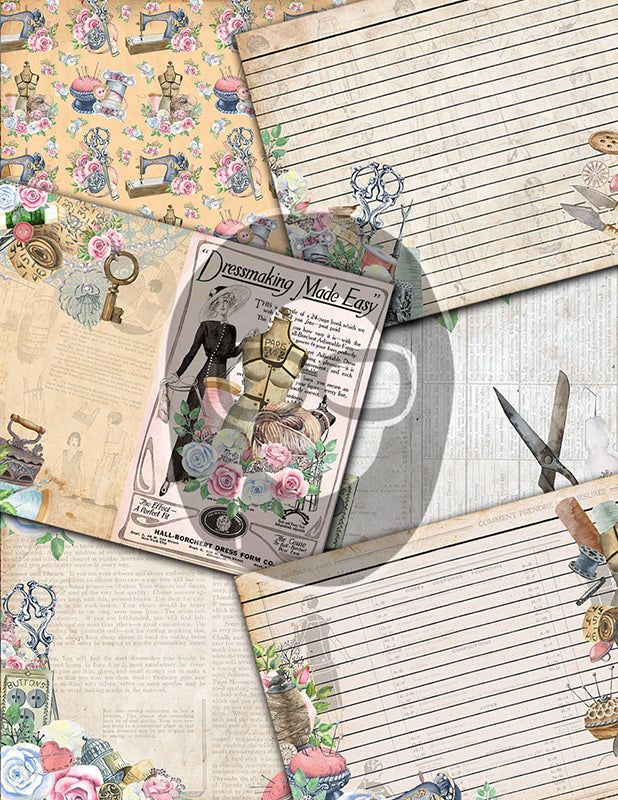 Sewing Junk Journal Printables, Sewing Digital Paper -40pg Digital Download- Sewing Ephemera, Pink Vintage Kit, Sewing Clipart, Shabby Chic