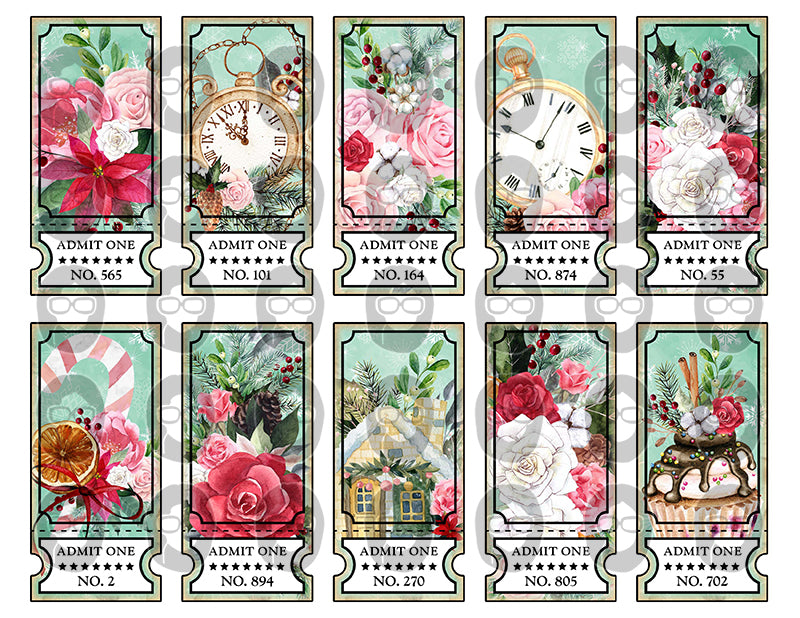 Printable Ticket Ephemera, Pink Christmas -8pg Digital Download- Fussy Cut Christmas Ephemera, Junk Journal DIY Kit, Ticket Bookmark, Cards