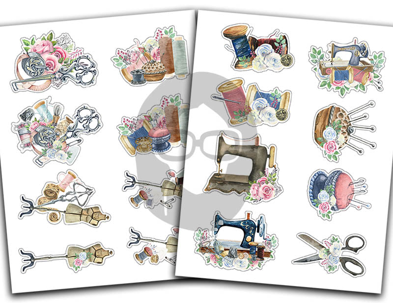 Sewing Clipart, Fussy Cut Ephemera -12pg Digital Download- Sewing Machine Antique, Collage Sheet Printable, Scrapbook Cutouts, Sew Graphics