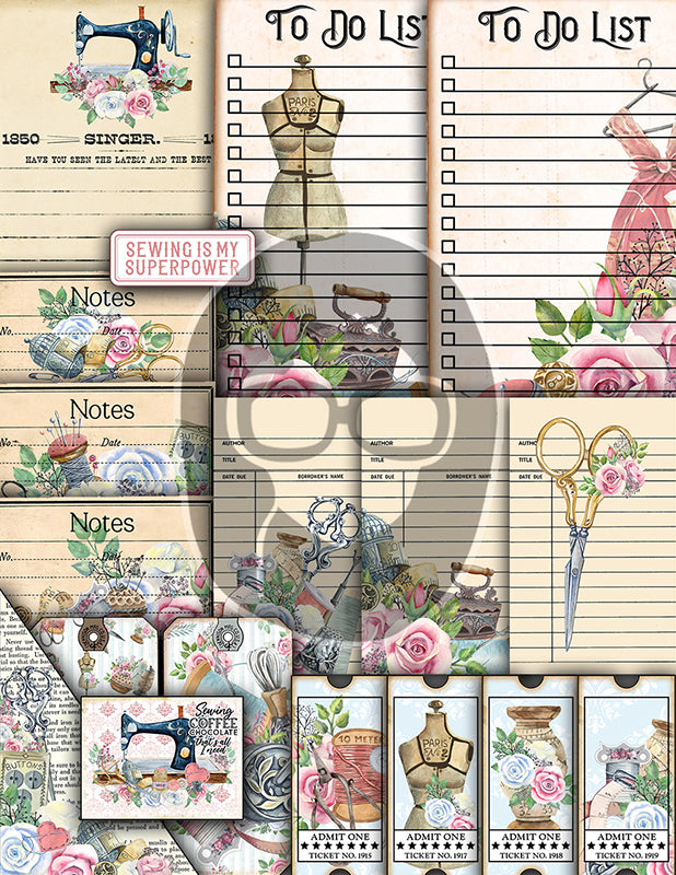 Sewing Junk Journal Printables, Sewing Digital Paper -40pg Digital Download- Sewing Ephemera, Pink Vintage Kit, Sewing Clipart, Shabby Chic