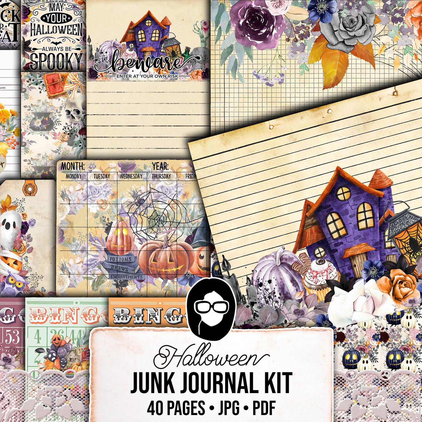 Halloween Junk Journal Kit, Halloween Ephemera -40pg Digital Download- Journaling Pages, Lined Paper, Labels, Tags, Cards, Envelopes, Jars