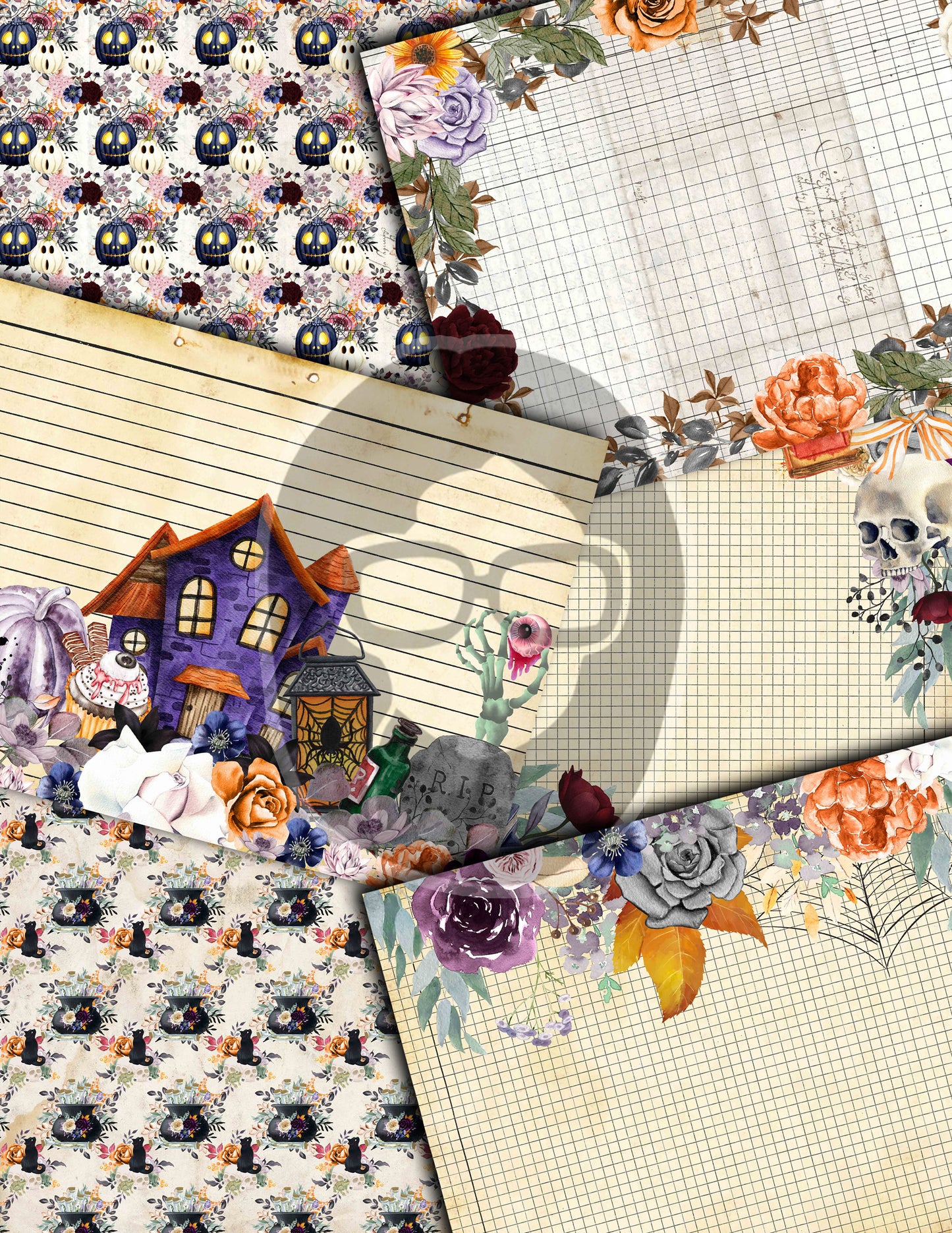 Halloween Junk Journal Kit, Halloween Ephemera -40pg Digital Download- Journaling Pages, Lined Paper, Labels, Tags, Cards, Envelopes, Jars