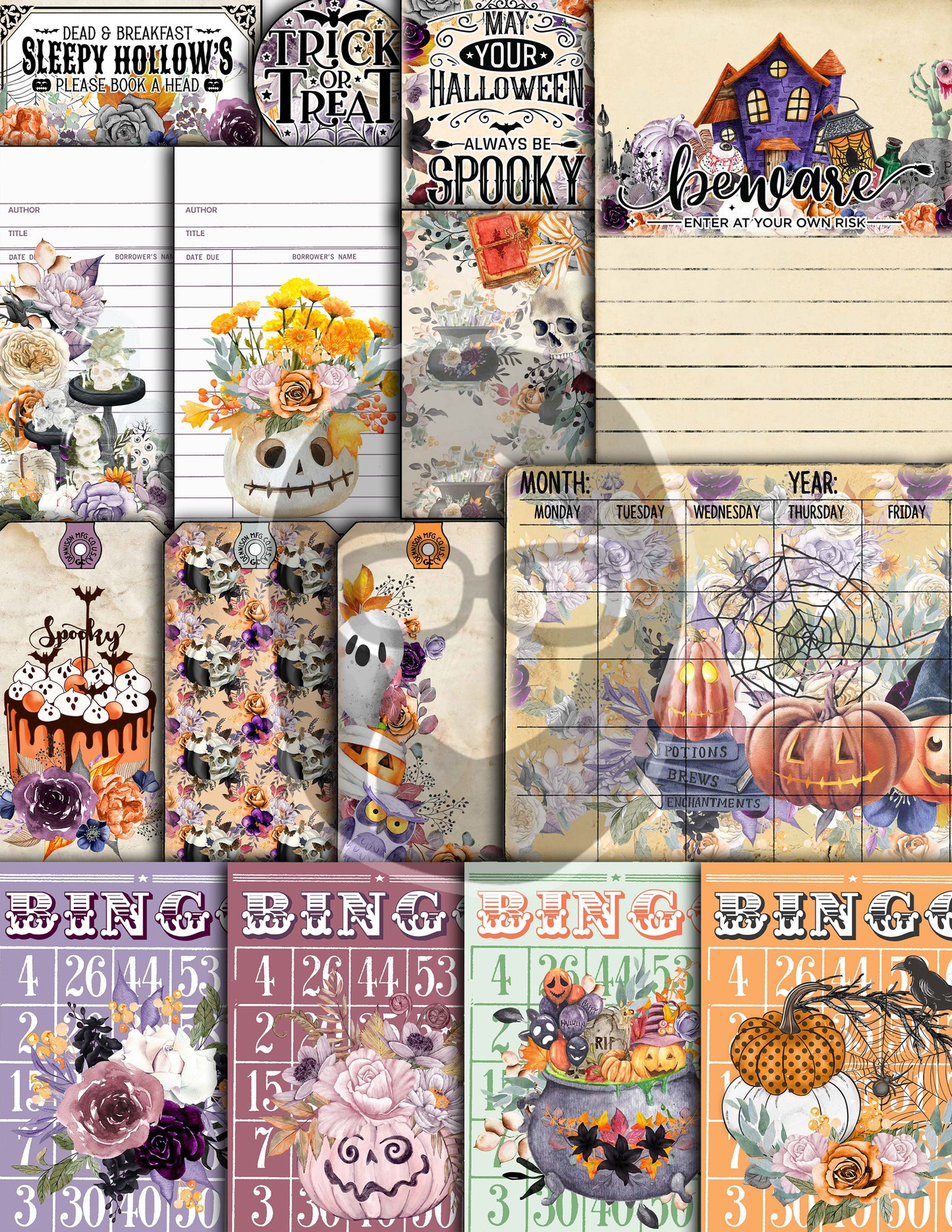 Halloween Junk Journal Kit, Halloween Ephemera -40pg Digital Download- Journaling Pages, Lined Paper, Labels, Tags, Cards, Envelopes, Jars