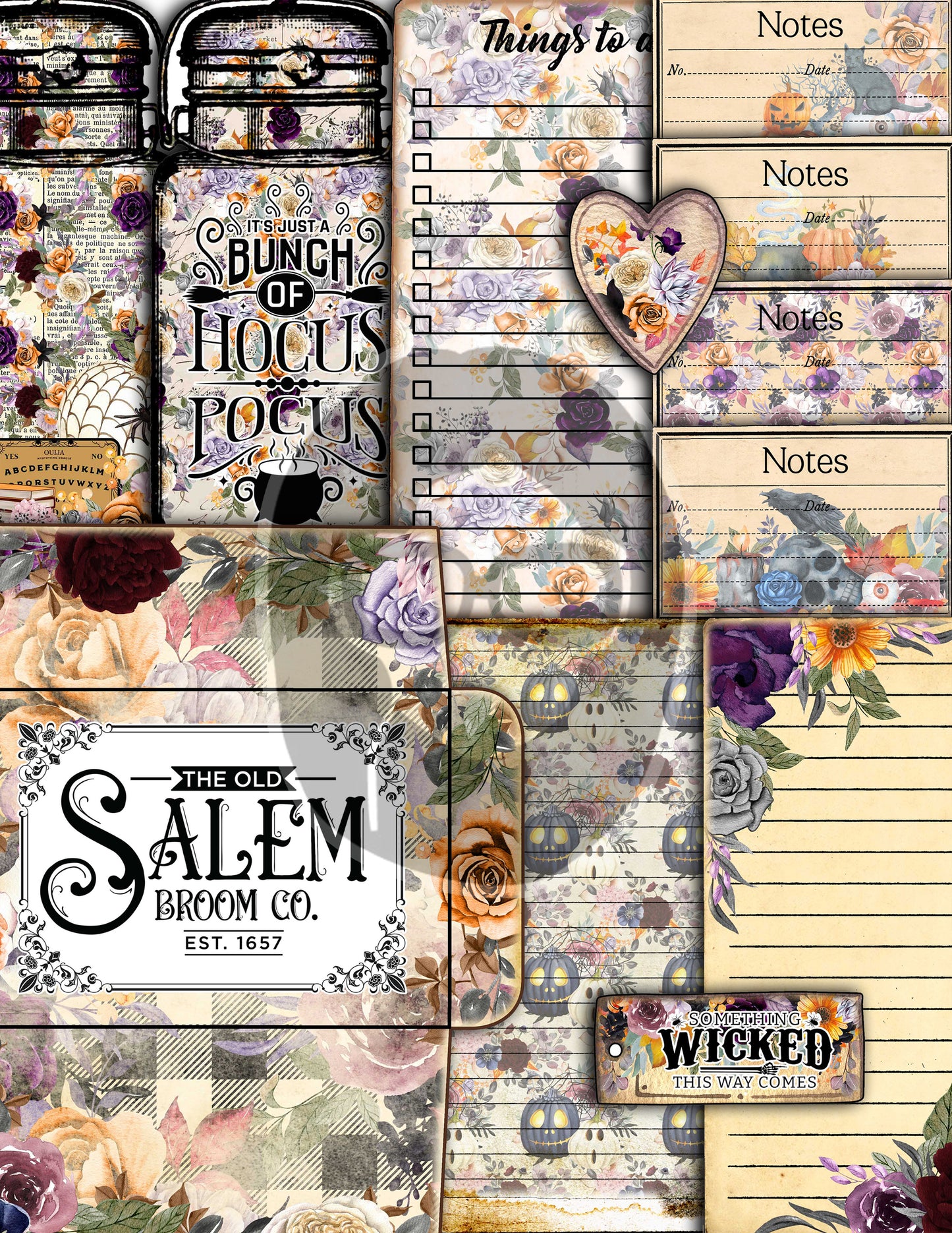 Halloween Junk Journal Kit, Halloween Ephemera -40pg Digital Download- Journaling Pages, Lined Paper, Labels, Tags, Cards, Envelopes, Jars