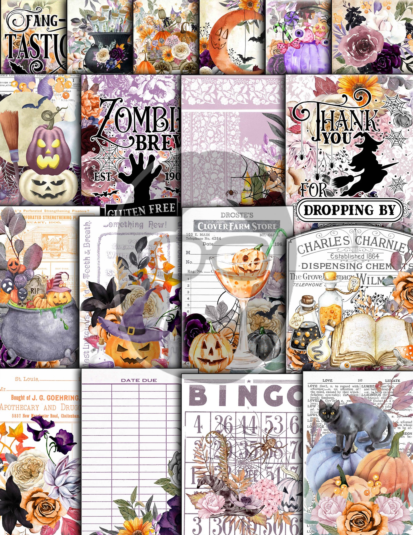 Halloween Junk Journal Kit, Halloween Ephemera -40pg Digital Download- Journaling Pages, Lined Paper, Labels, Tags, Cards, Envelopes, Jars