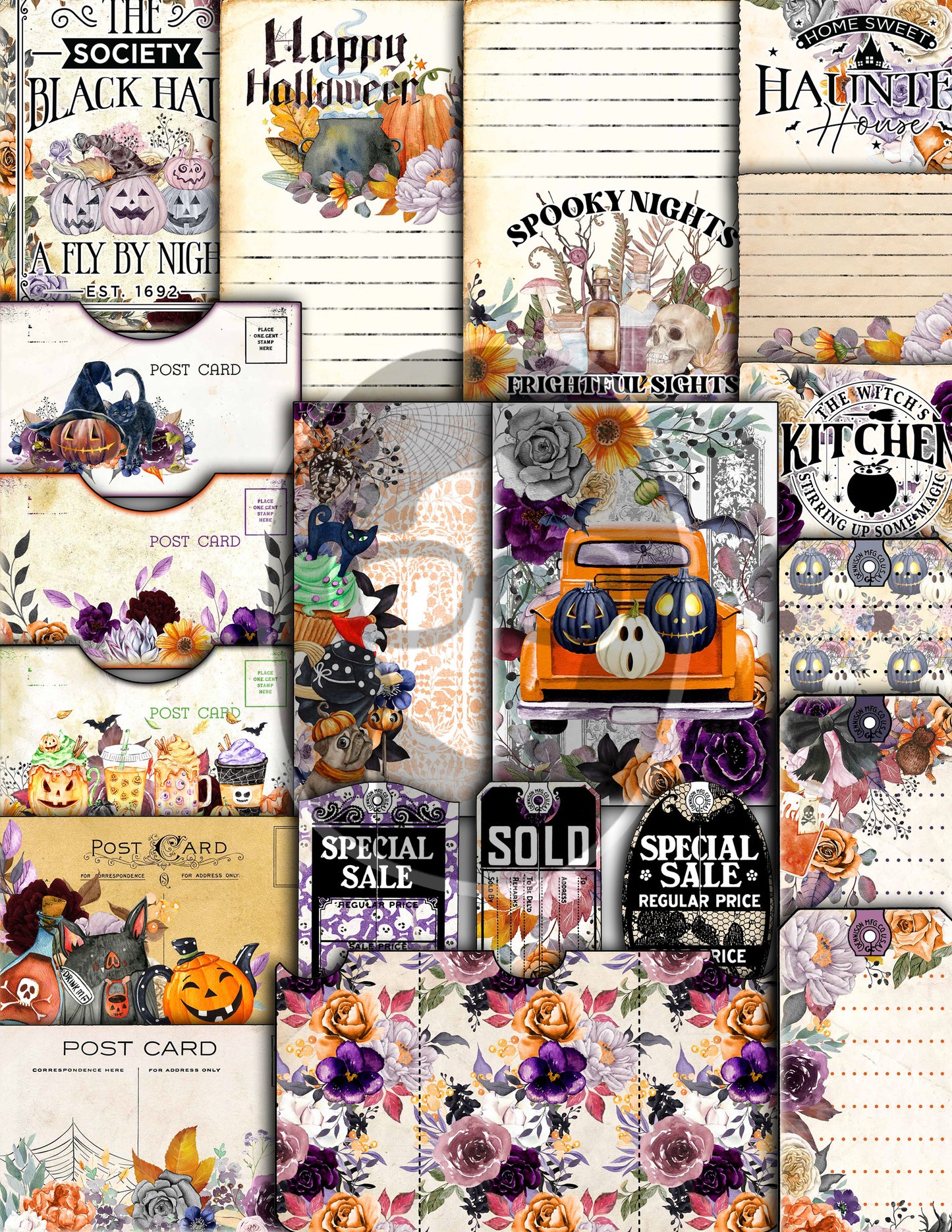 Halloween Junk Journal Kit, Halloween Ephemera -40pg Digital Download- Journaling Pages, Lined Paper, Labels, Tags, Cards, Envelopes, Jars