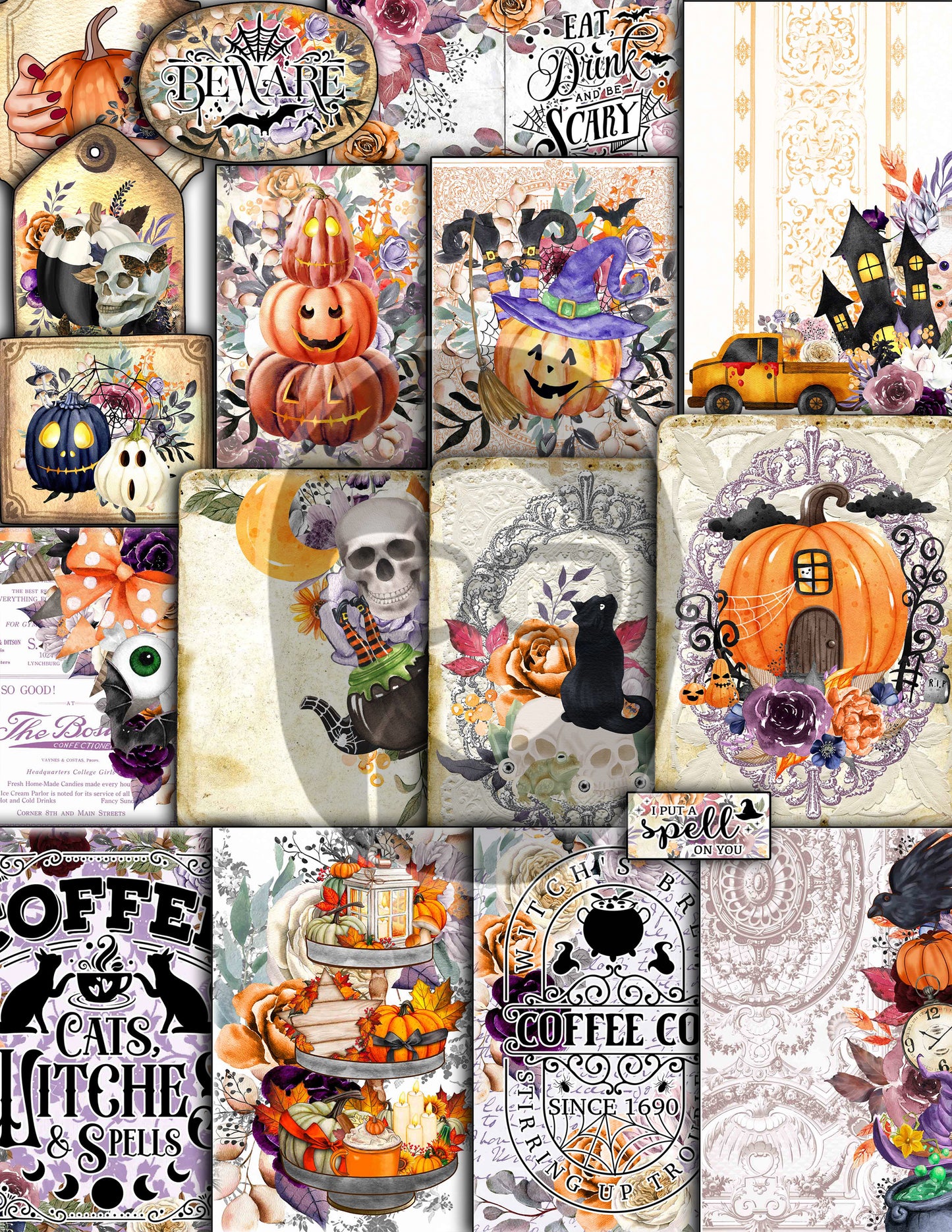 Halloween Junk Journal Kit, Halloween Ephemera -40pg Digital Download- Journaling Pages, Lined Paper, Labels, Tags, Cards, Envelopes, Jars