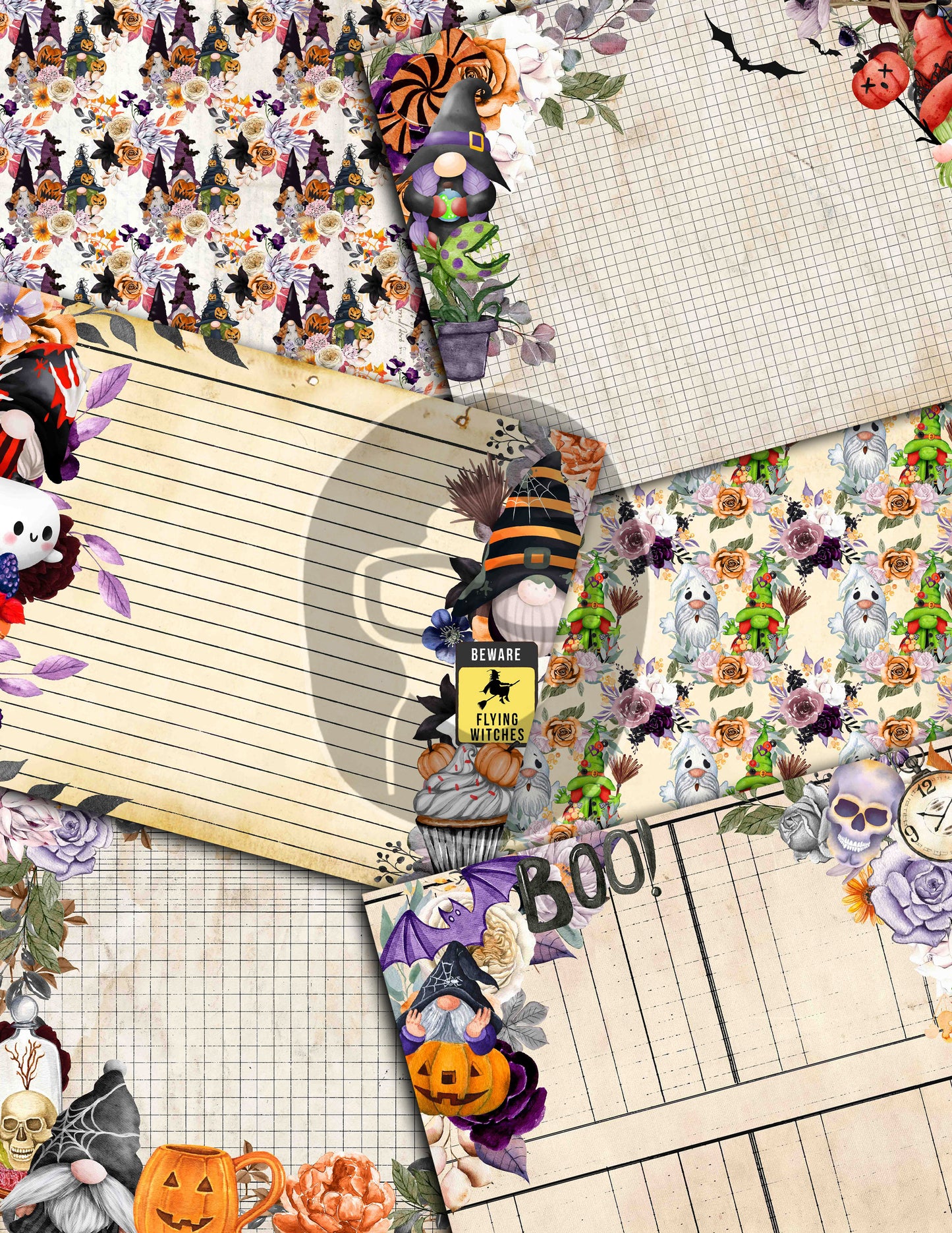 Halloween Gnome Junk Journal Kit, Halloween Ephemera -40pg Digital Download- Journaling Pages, Lined Paper, Labels, Tags, Cards, Envelopes