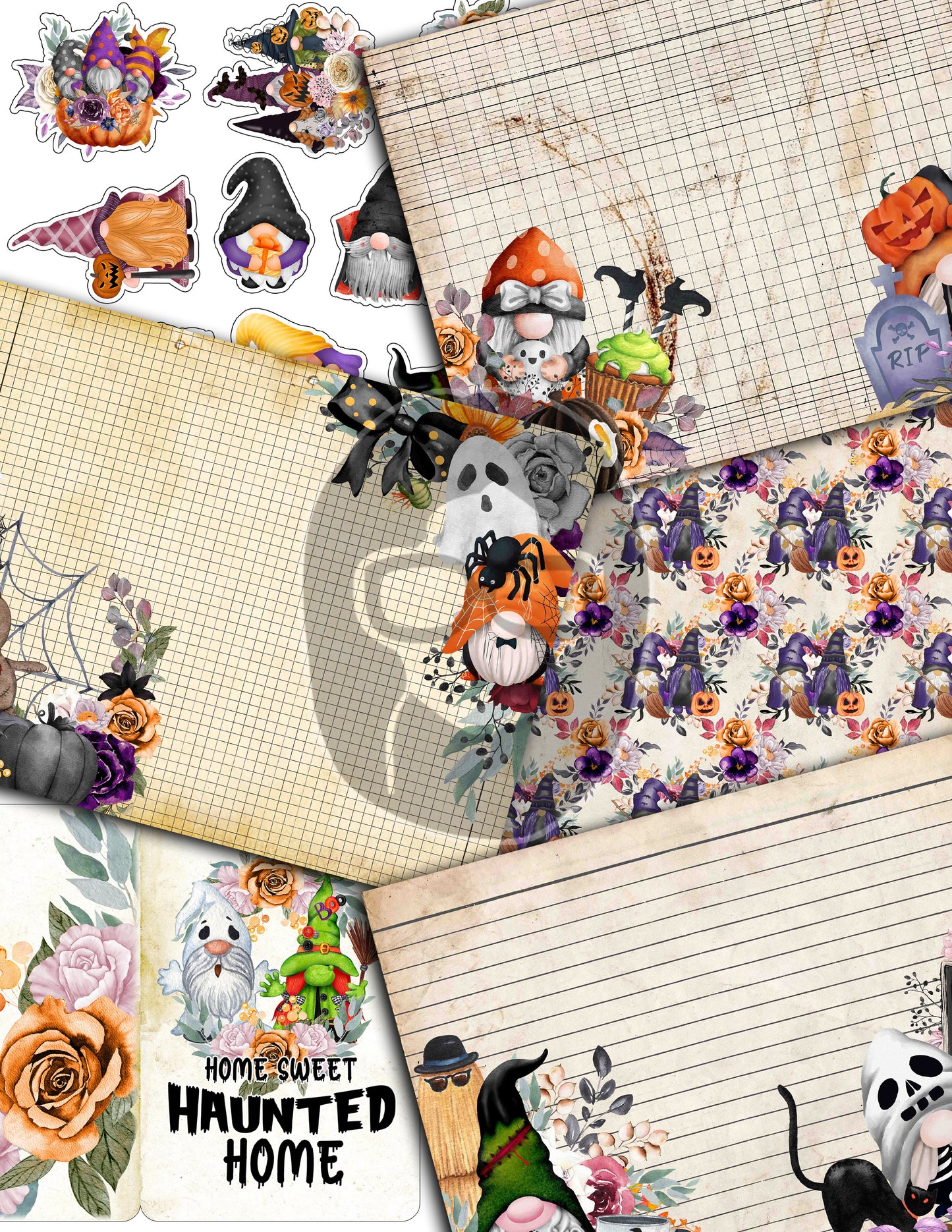 Halloween Gnome Junk Journal Kit, Halloween Ephemera -40pg Digital Download- Journaling Pages, Lined Paper, Labels, Tags, Cards, Envelopes