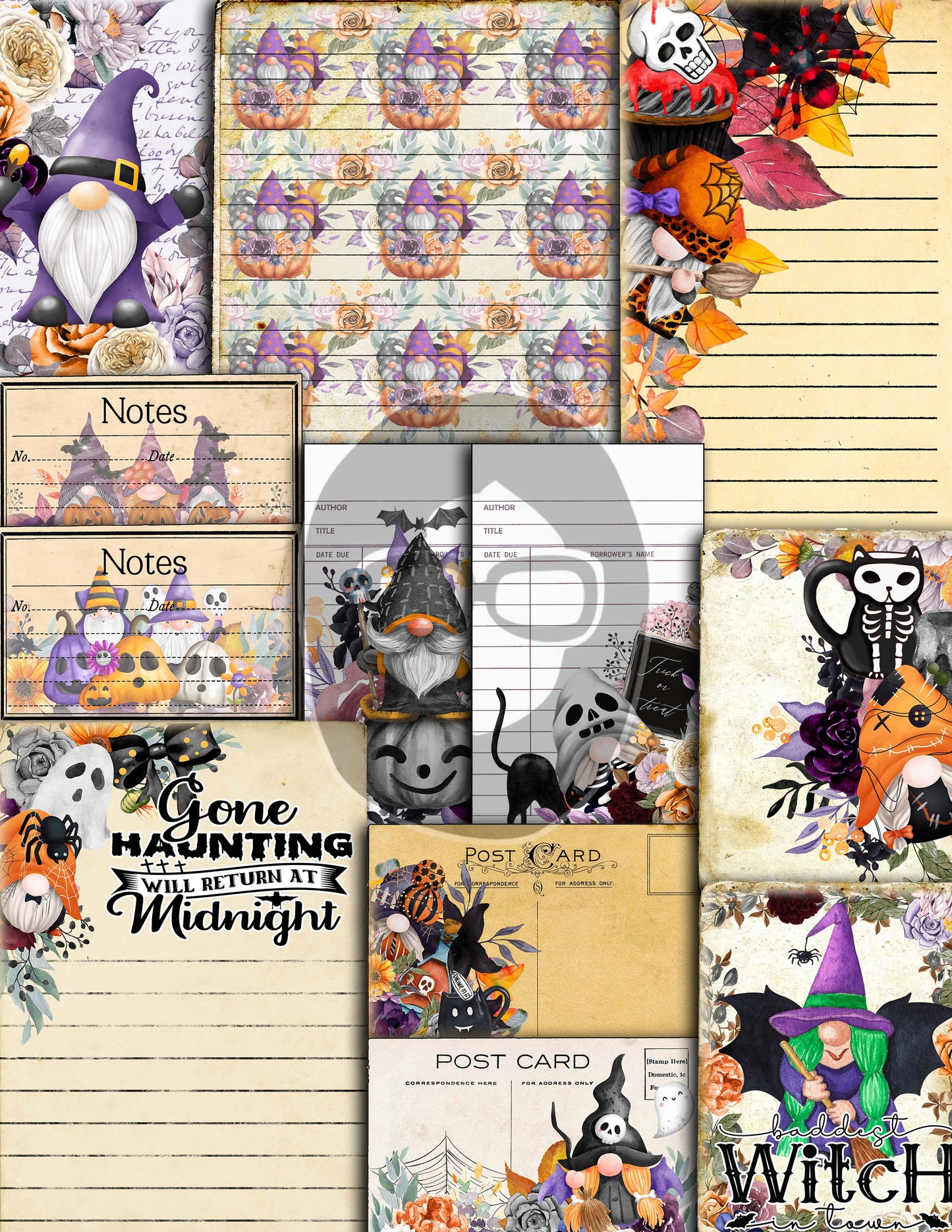 Halloween Gnome Junk Journal Kit, Halloween Ephemera -40pg Digital Download- Journaling Pages, Lined Paper, Labels, Tags, Cards, Envelopes