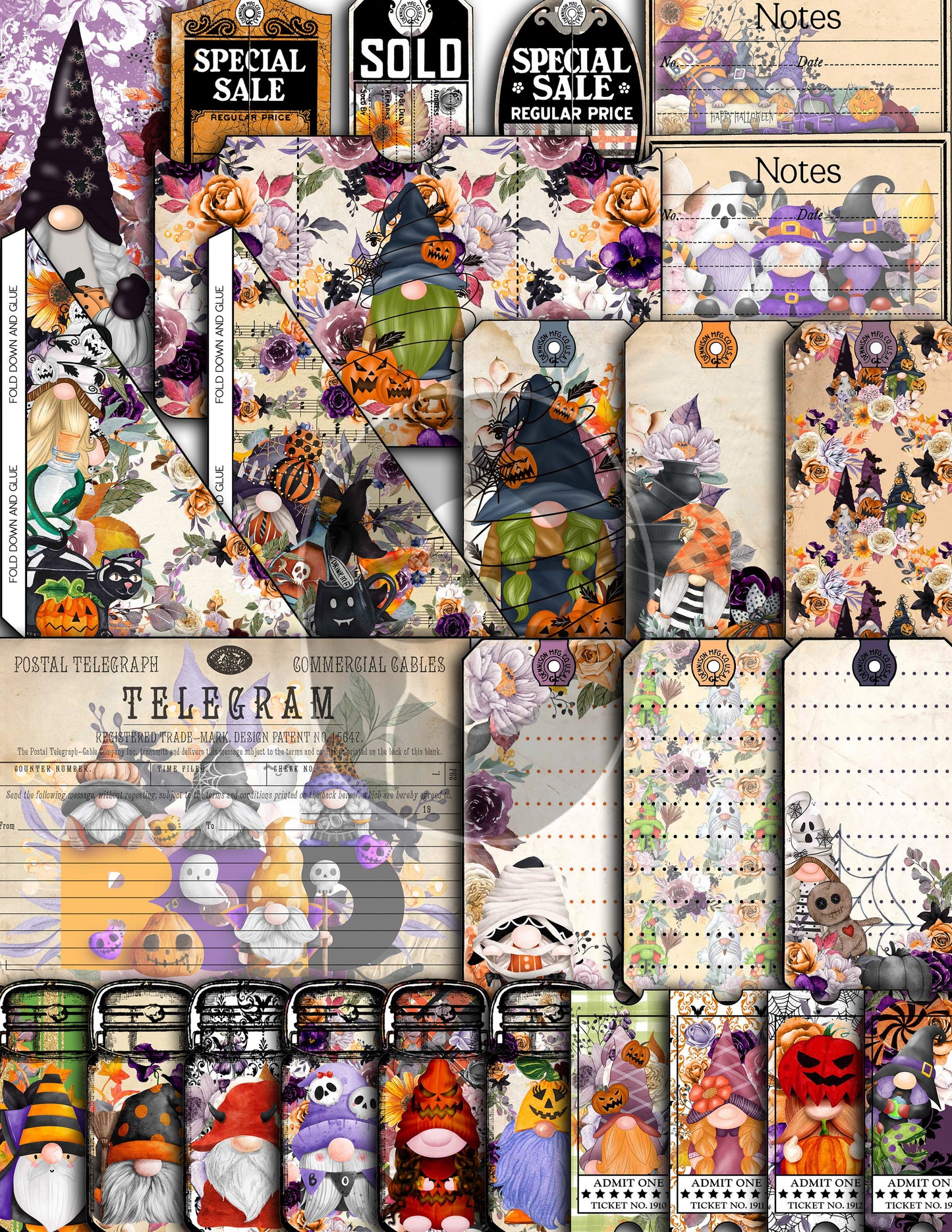 Halloween Gnome Junk Journal Kit, Halloween Ephemera -40pg Digital Download- Journaling Pages, Lined Paper, Labels, Tags, Cards, Envelopes