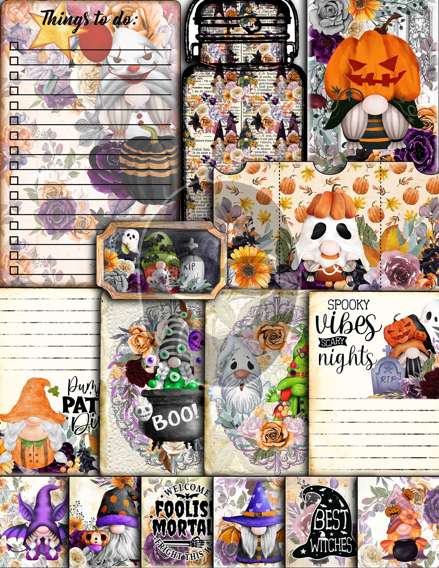 Halloween Gnome Junk Journal Kit, Halloween Ephemera -40pg Digital Download- Journaling Pages, Lined Paper, Labels, Tags, Cards, Envelopes
