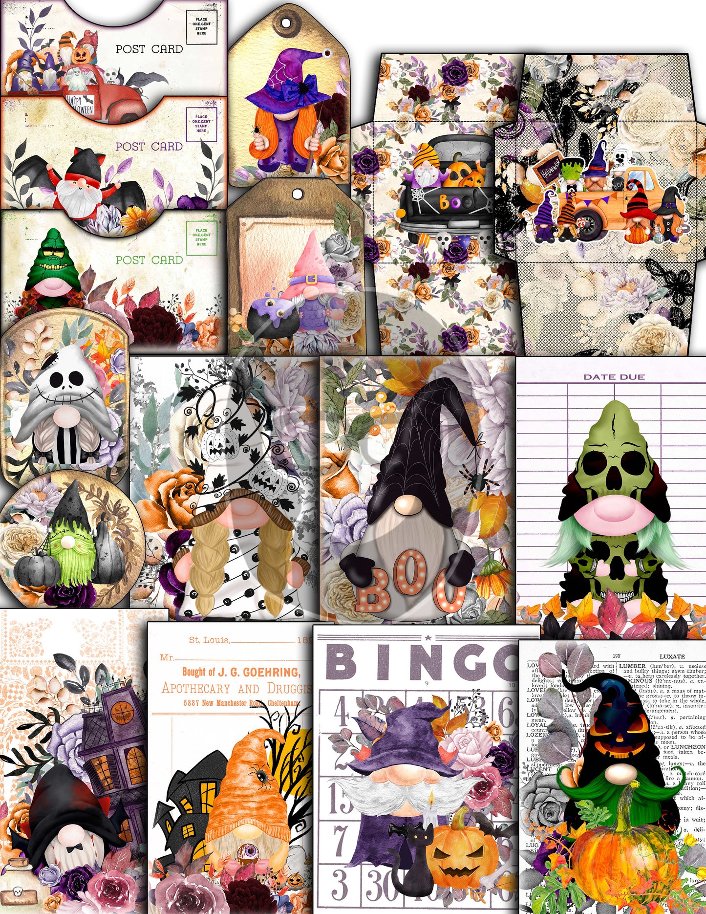 Halloween Gnome Junk Journal Kit, Halloween Ephemera -40pg Digital Download- Journaling Pages, Lined Paper, Labels, Tags, Cards, Envelopes