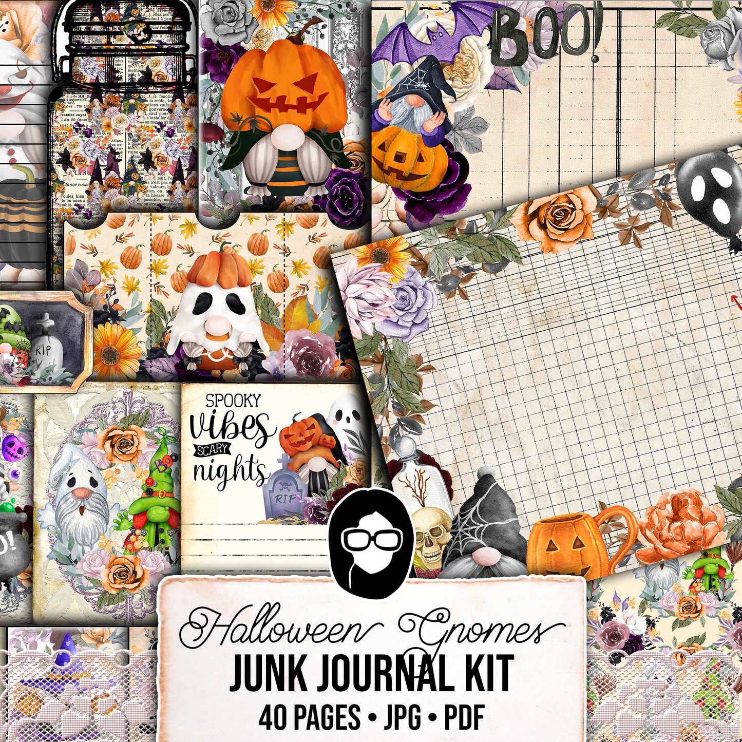 Halloween Gnome Junk Journal Kit, Halloween Ephemera -40pg Digital Download- Journaling Pages, Lined Paper, Labels, Tags, Cards, Envelopes