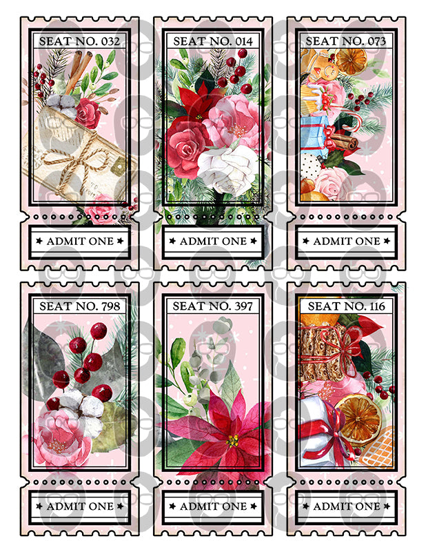 Printable Ticket Ephemera, Pink Christmas -8pg Digital Download- Fussy Cut Christmas Ephemera, Junk Journal DIY Kit, Ticket Bookmark, Cards