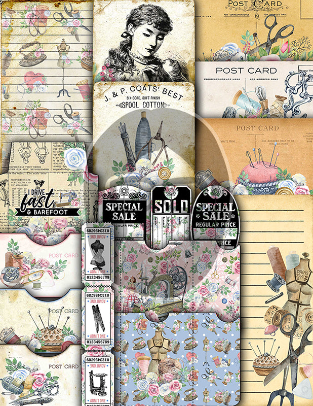 Sewing Junk Journal Printables, Sewing Digital Paper -40pg Digital Download- Sewing Ephemera, Pink Vintage Kit, Sewing Clipart, Shabby Chic