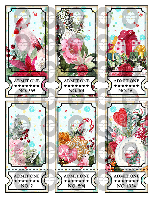Printable Ticket Ephemera, Pink Christmas -8pg Digital Download- Fussy Cut Christmas Ephemera, Junk Journal DIY Kit, Ticket Bookmark, Cards