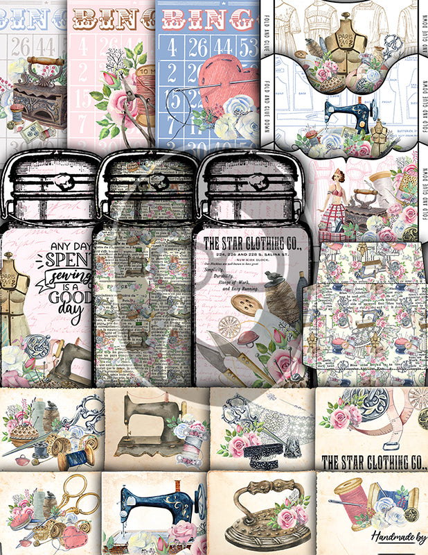 Sewing Junk Journal Printables, Sewing Digital Paper -40pg Digital Download- Sewing Ephemera, Pink Vintage Kit, Sewing Clipart, Shabby Chic
