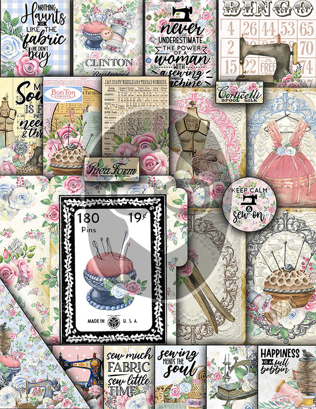Sewing Junk Journal Printables, Sewing Digital Paper -40pg Digital Download- Sewing Ephemera, Pink Vintage Kit, Sewing Clipart, Shabby Chic
