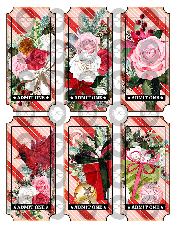 Printable Ticket Ephemera, Pink Christmas -8pg Digital Download- Fussy Cut Christmas Ephemera, Junk Journal DIY Kit, Ticket Bookmark, Cards