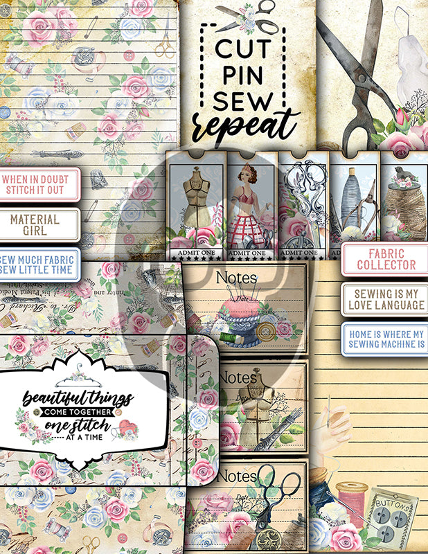Sewing Junk Journal Printables, Sewing Digital Paper -40pg Digital Download- Sewing Ephemera, Pink Vintage Kit, Sewing Clipart, Shabby Chic