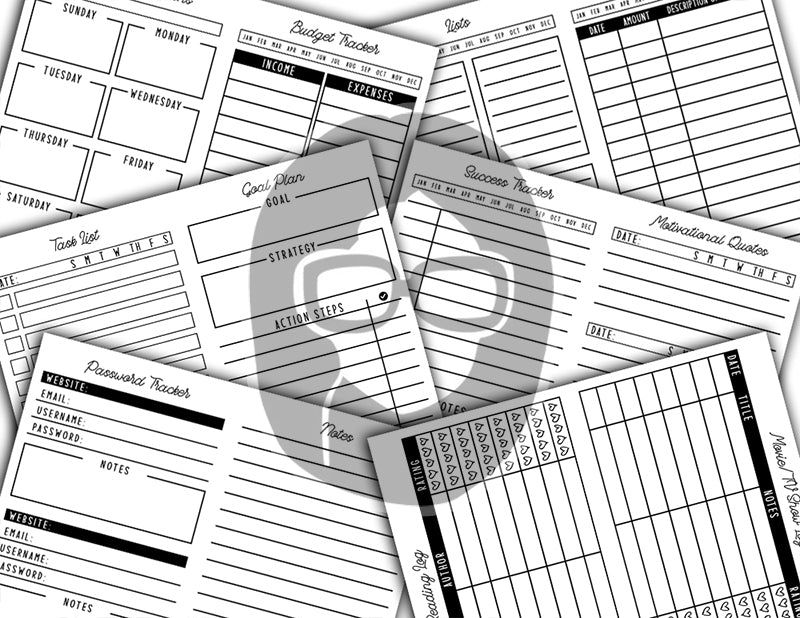 Junk Journal Planner, Undated Monthly Calendar -66pg Digital Download- Personal Planner, Ink Saver, Ink Saving, Black And White, Bundle Kit