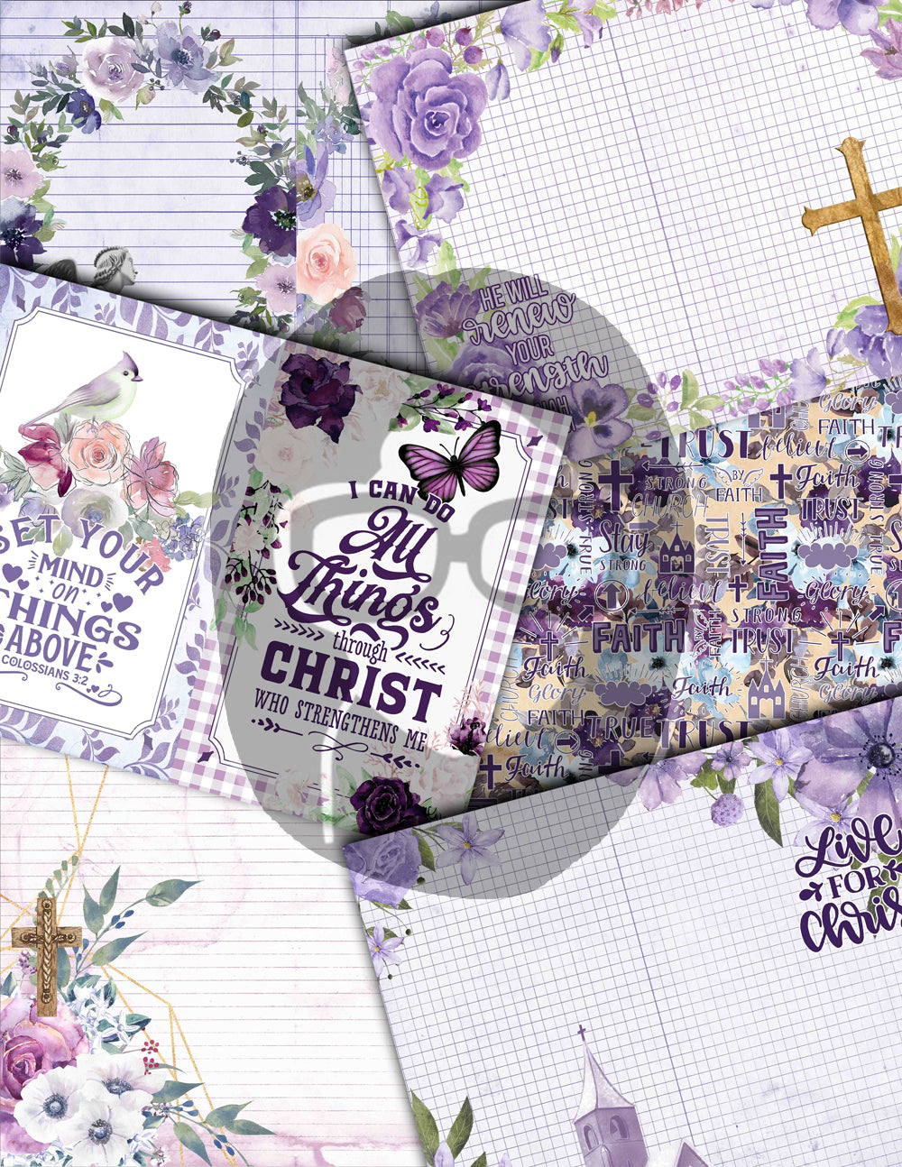 Faith Junk Journal Kit, Scripture Ephemera, Purple Junk Journal Kit-40pg Digital Download- Religious Cards, Prayer Quotes, Bible Verse Cards