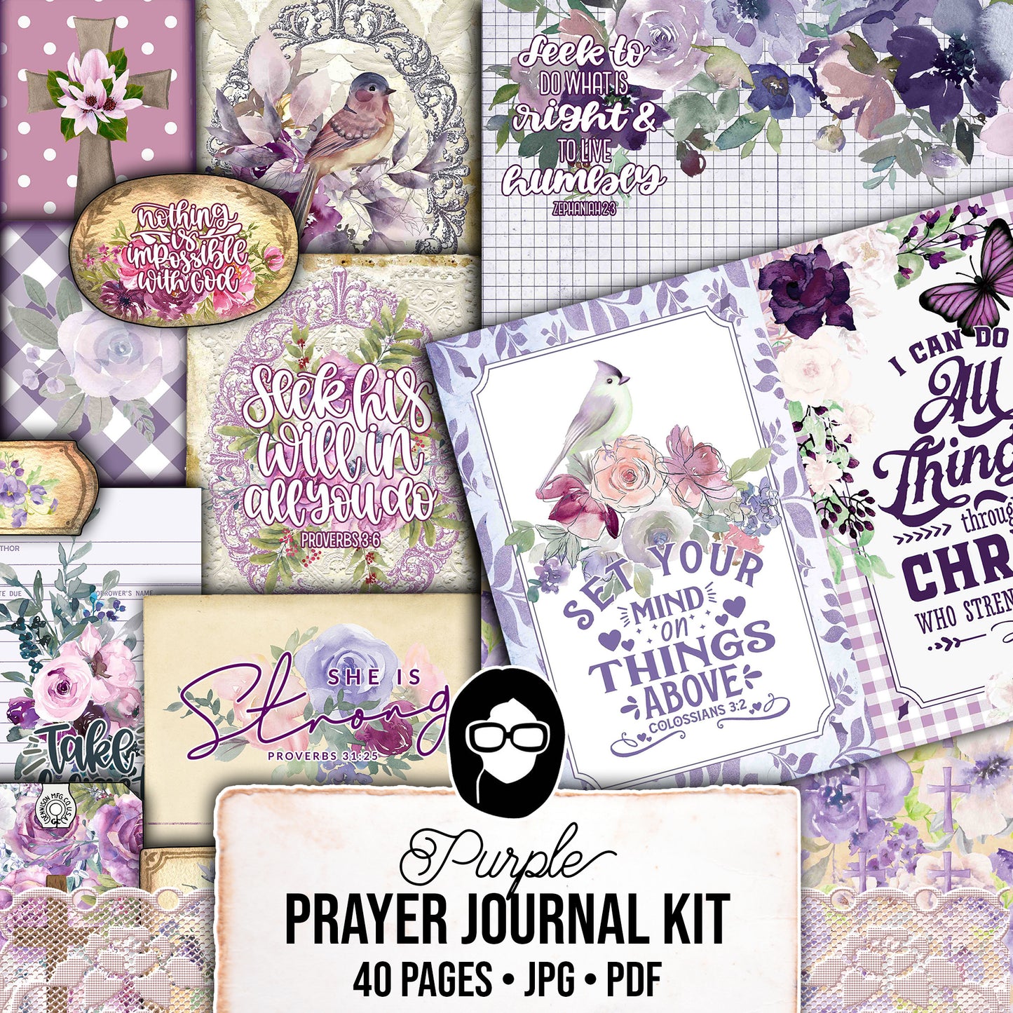 Faith Junk Journal Kit, Scripture Ephemera, Purple Junk Journal Kit-40pg Digital Download- Religious Cards, Prayer Quotes, Bible Verse Cards