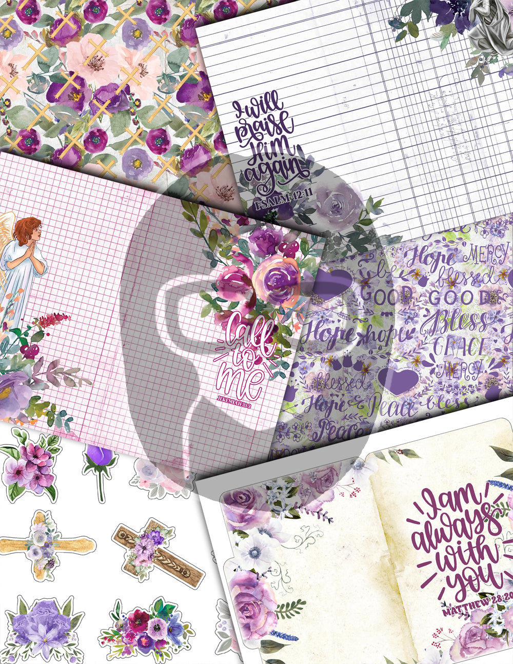 Faith Junk Journal Kit, Scripture Ephemera, Purple Junk Journal Kit-40pg Digital Download- Religious Cards, Prayer Quotes, Bible Verse Cards