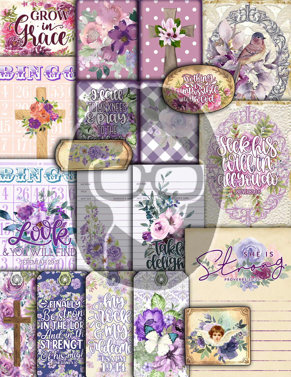 Faith Junk Journal Kit, Scripture Ephemera, Purple Junk Journal Kit-40pg Digital Download- Religious Cards, Prayer Quotes, Bible Verse Cards