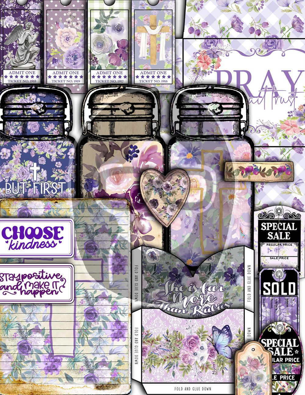 Faith Junk Journal Kit, Scripture Ephemera, Purple Junk Journal Kit-40pg Digital Download- Religious Cards, Prayer Quotes, Bible Verse Cards