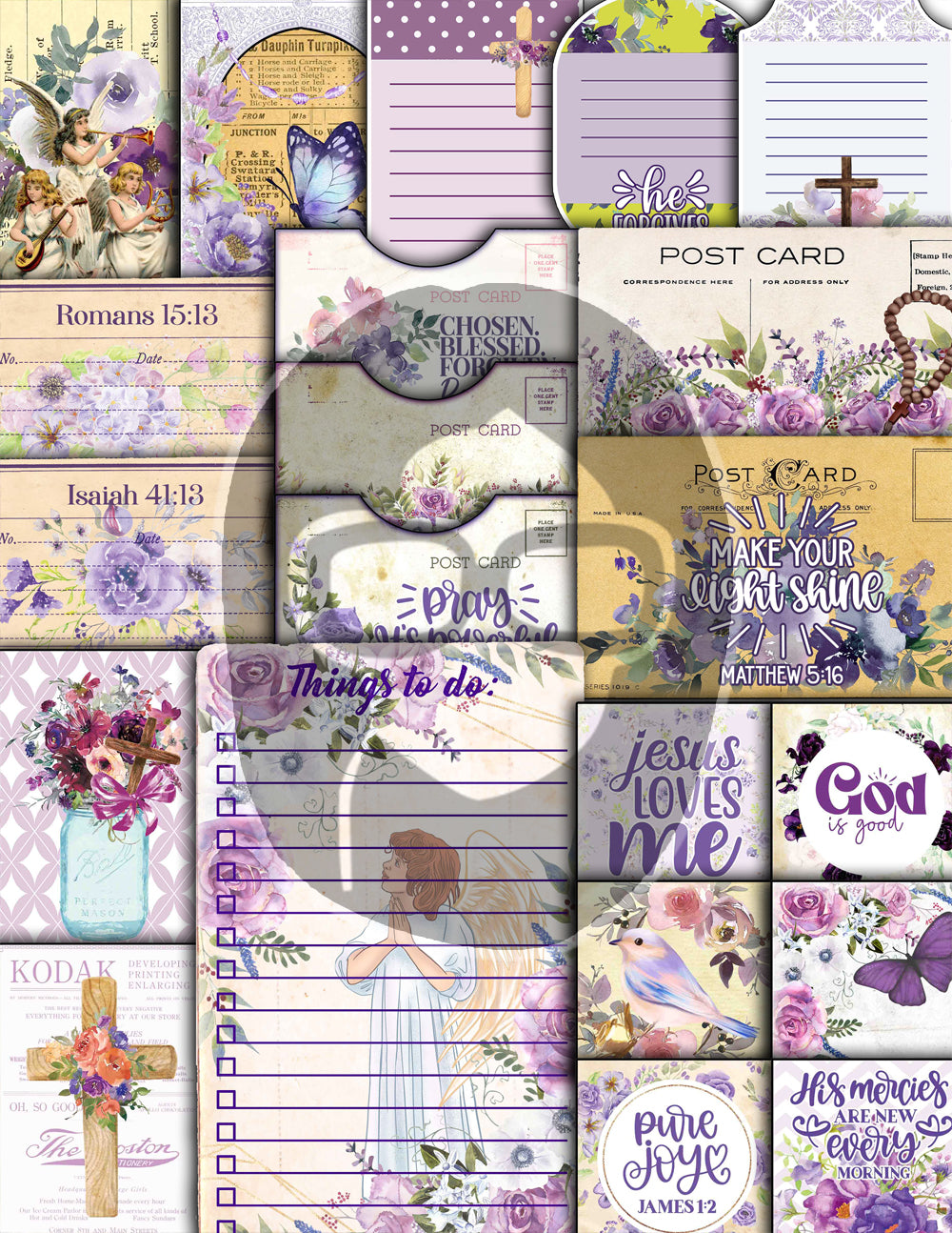 Faith Junk Journal Kit, Scripture Ephemera, Purple Junk Journal Kit-40pg Digital Download- Religious Cards, Prayer Quotes, Bible Verse Cards