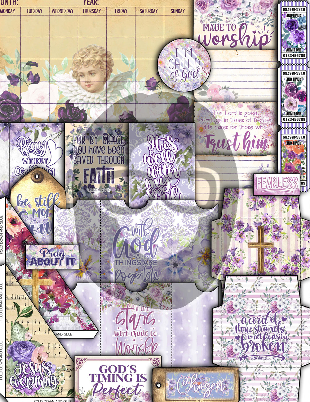 Faith Junk Journal Kit, Scripture Ephemera, Purple Junk Journal Kit-40pg Digital Download- Religious Cards, Prayer Quotes, Bible Verse Cards