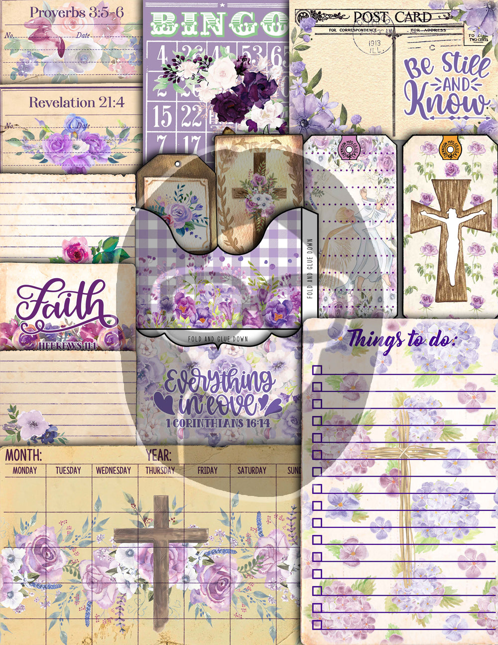 Faith Junk Journal Kit, Scripture Ephemera, Purple Junk Journal Kit-40pg Digital Download- Religious Cards, Prayer Quotes, Bible Verse Cards