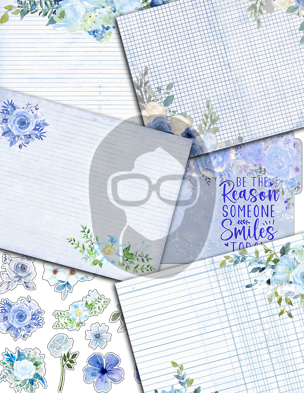 Blue Digital Paper, Printable Journal Bundle -40pg Digital Download- Affirmations Kit, Positive Quotes, Journaling Ephemera, For Women