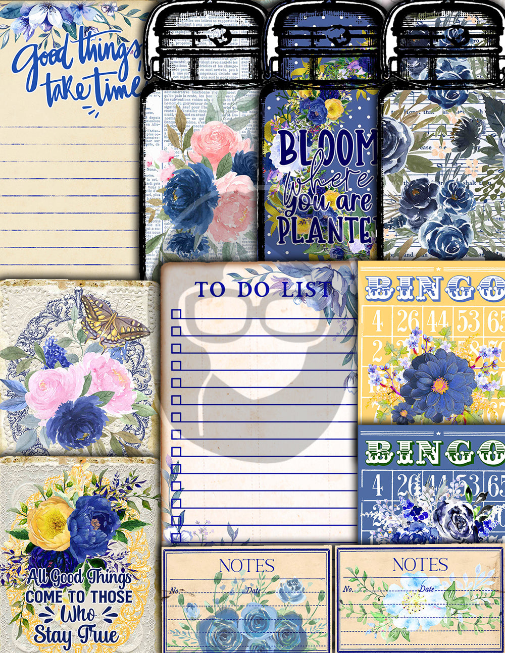Blue Digital Paper, Printable Journal Bundle -40pg Digital Download- Affirmations Kit, Positive Quotes, Journaling Ephemera, For Women