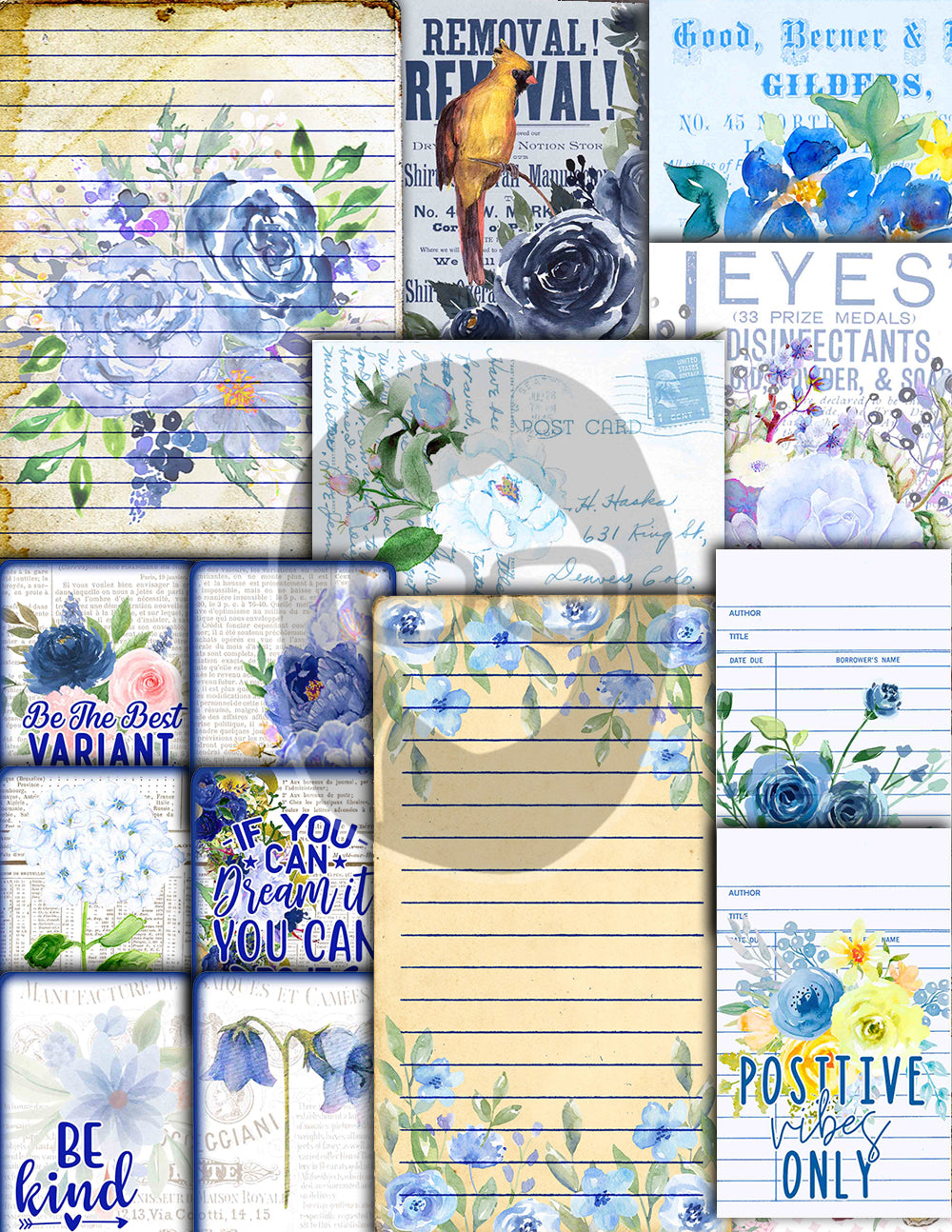 Blue Digital Paper, Printable Journal Bundle -40pg Digital Download- Affirmations Kit, Positive Quotes, Journaling Ephemera, For Women